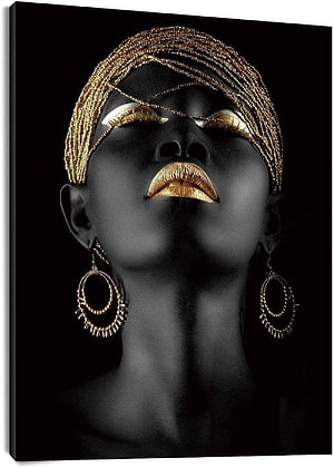 LB African Woman Framed Canvas Wall Art American Black Girl Golden Headdress Beauty Painting Canvas Wall Decor for Living Room Bedroom Bathroom Home Decor Ready to Hang,12x16 inch: Paintings HD phone wallpaper