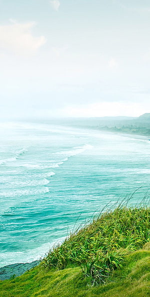 Green, grass, ocean, sea, cliffs, galaxy, tranquil, beauty, nature, peaceful, calming, Samsung, s…, samsung nature HD phone wallpaper