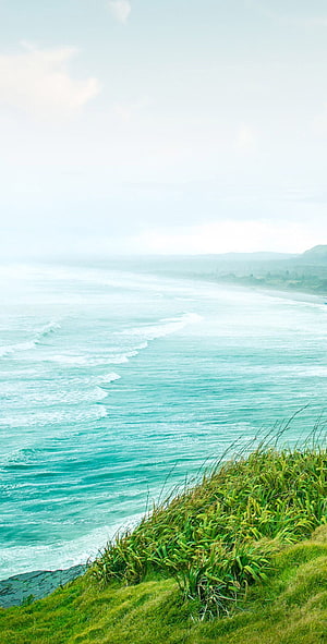 Green, grass, ocean, sea, cliffs, galaxy, tranquil, beauty, nature, peaceful, calming, Samsung, s…, calm 11 HD phone wallpaper